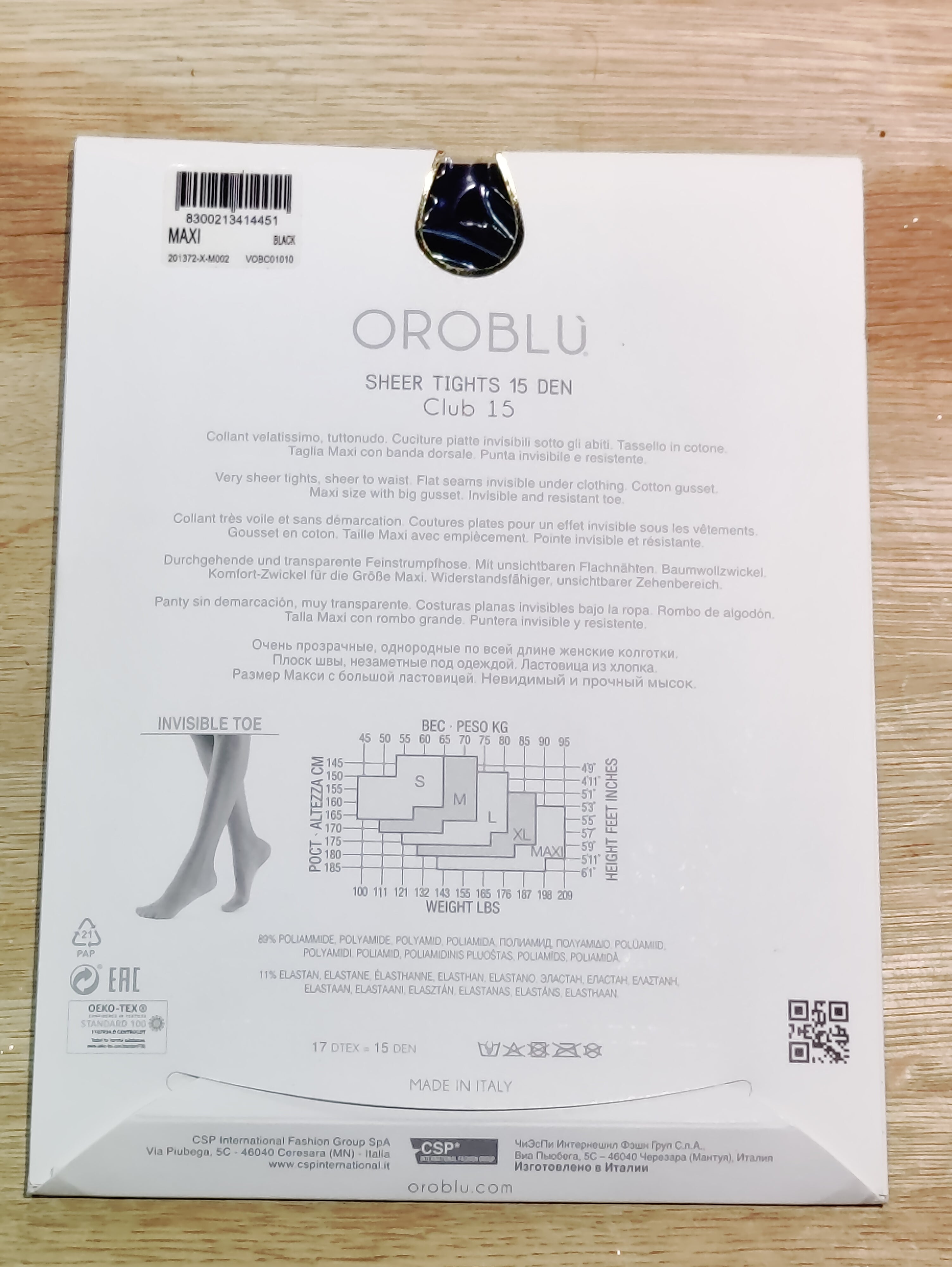 Oroblù Club 15 – Sheer strømpebukser 15 den (Sort, Maxi)