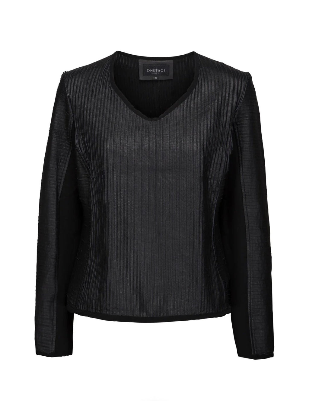 Tulle bluse – Sort strukturbluse med lammefrynser og stretchpaneler