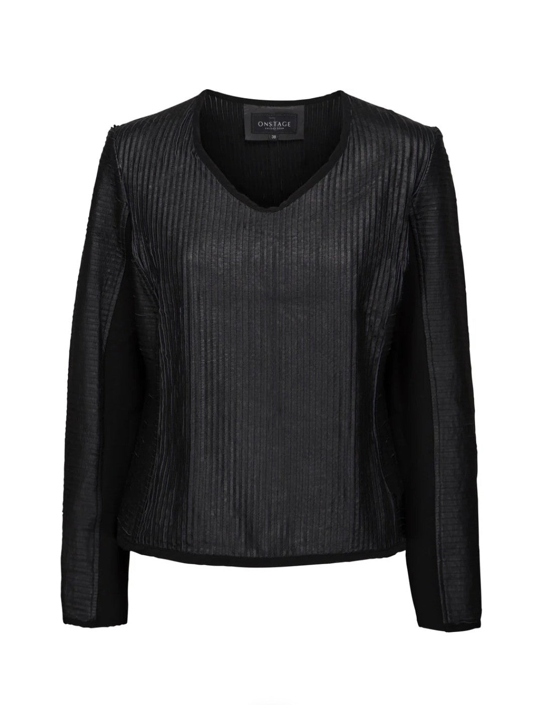 Tulle bluse – Sort strukturbluse med lammefrynser og stretchpaneler