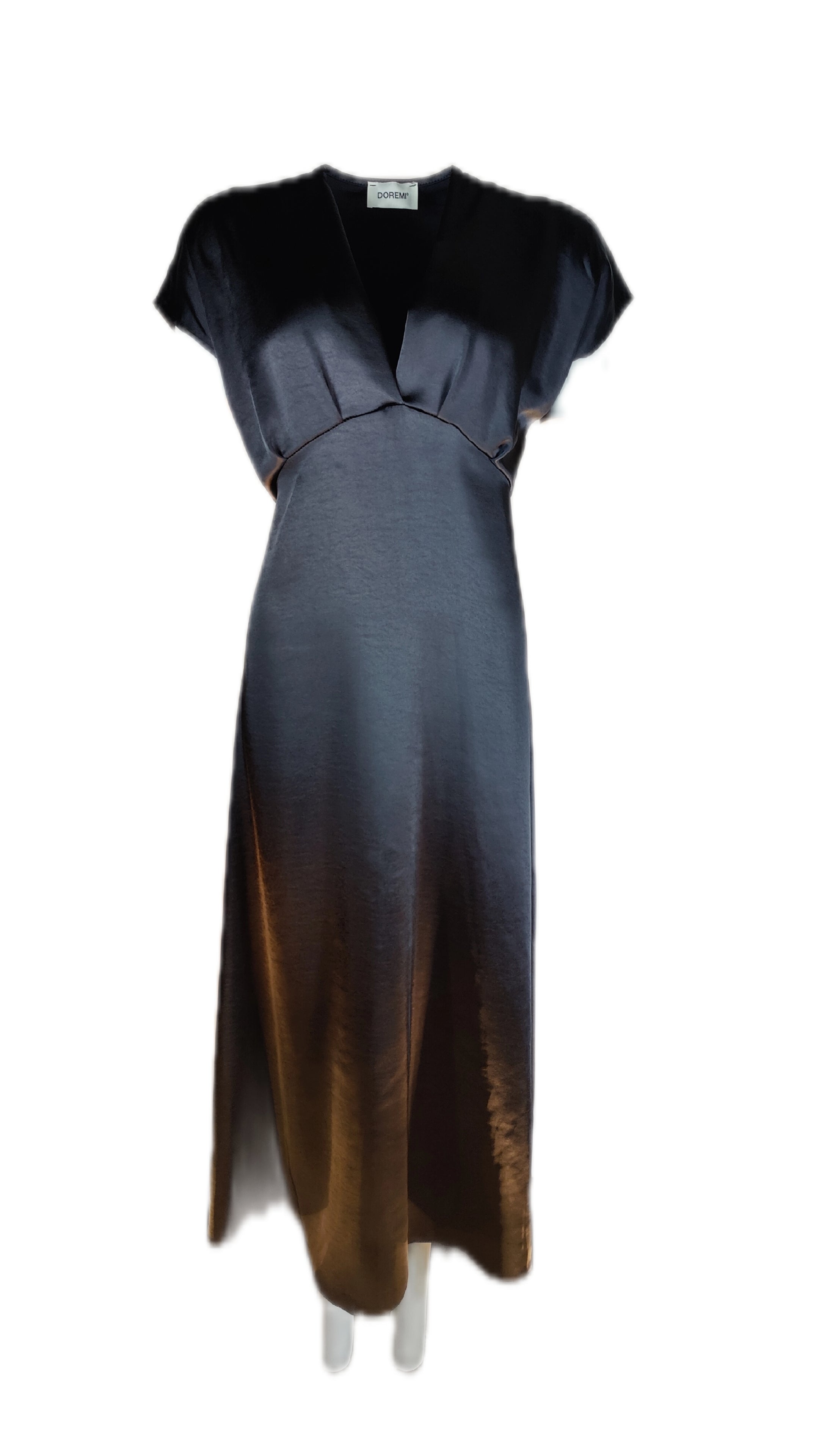 Elegant sort kjole med satin-look og V-udskæring